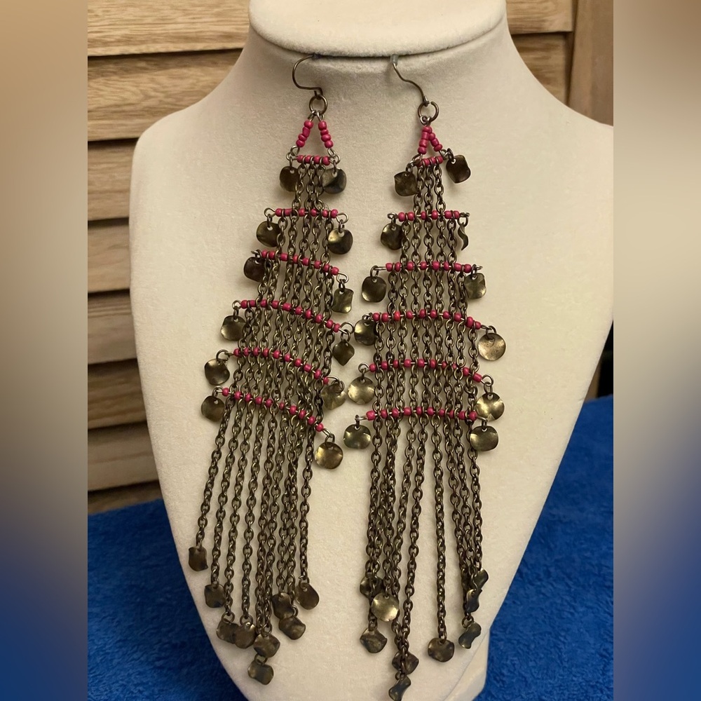 Bohemian Pink and Bronze Chandelier Earrings